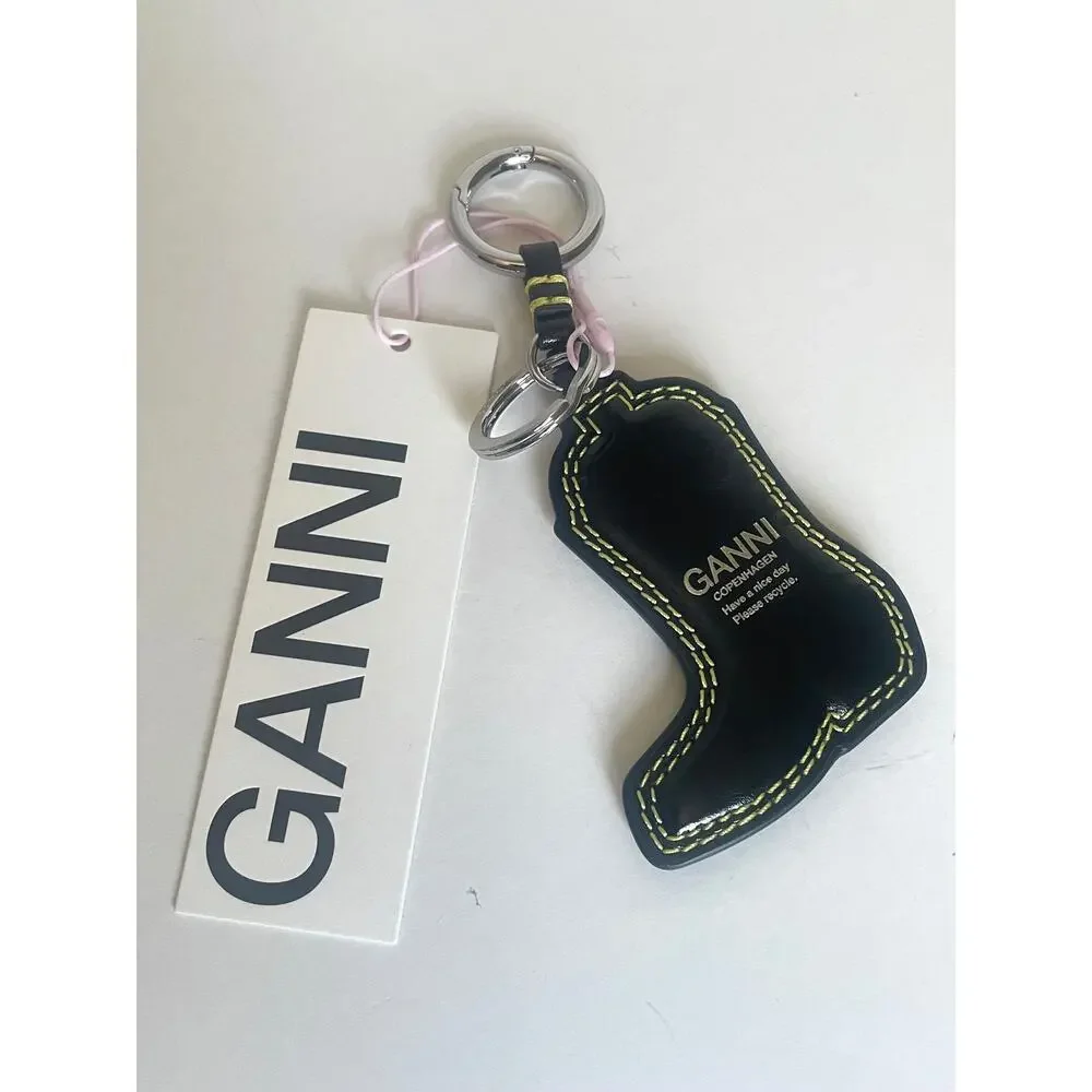 GANNI Western Boot Keyring Black Yellow Leather Bag Charm